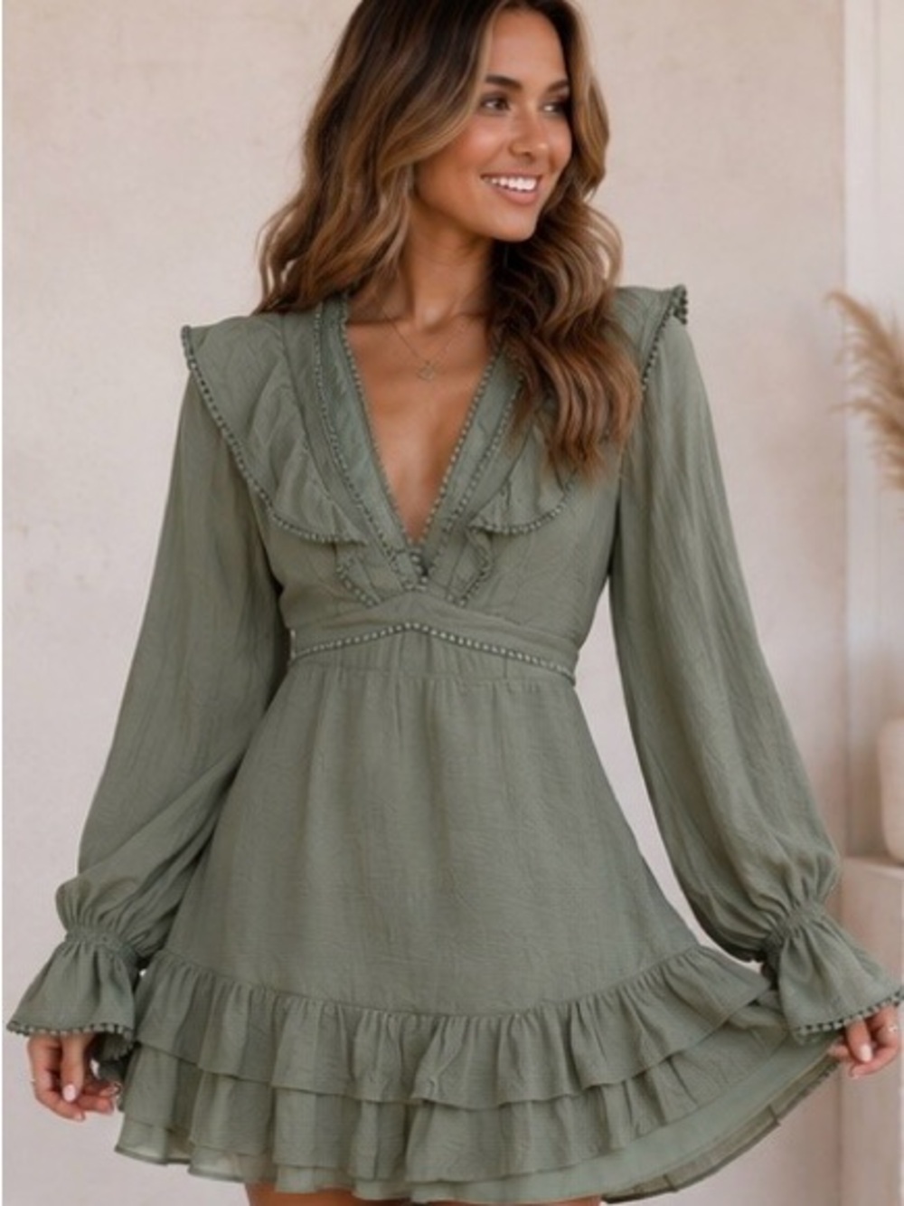 V-Neck Olive Green Long Sleeve Ruffle Mini Dress